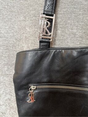 Ralph Lauren Black Leather Shoulder Tote with Silver RL Hardware